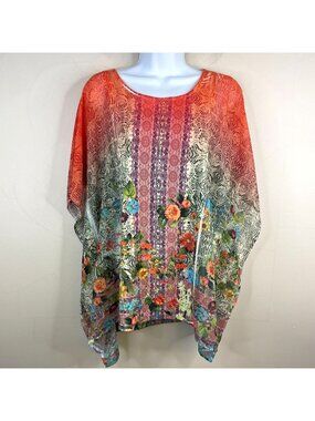 Vintage Boho Floral Top Large Art To Wear Flowy Statement Tunic Dolman Pullover